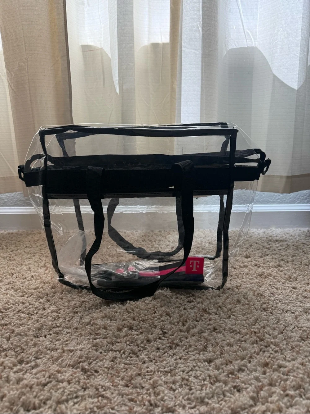 Clear Stadium Tote Bag with Black Trim and Pink Logo